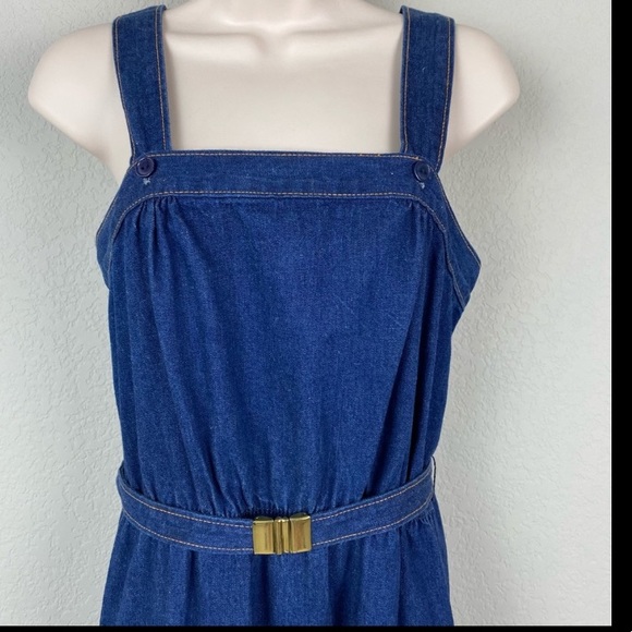 Vintage 80s Touché Blue Denim Jean Apron Overall Dress with Belt - Picture 2 of 8